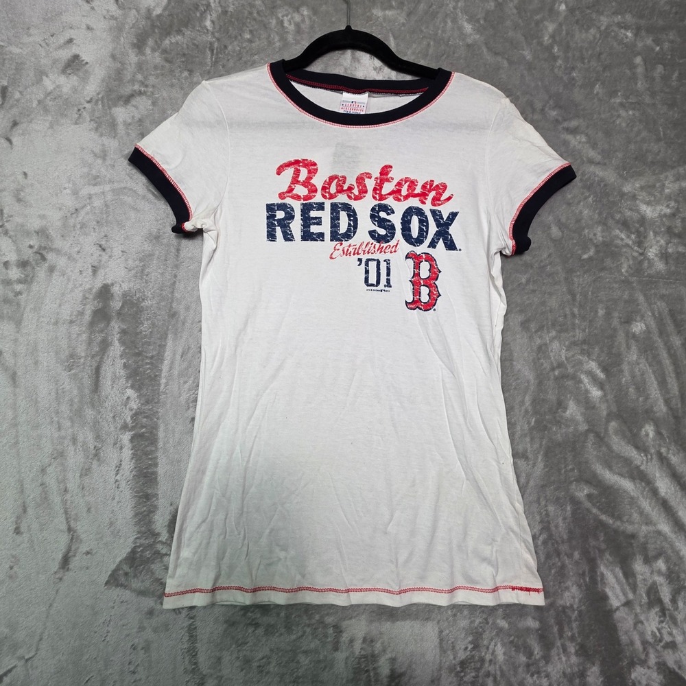 Boston Red Sox 5th & Ocean MLB Womens Ringer T-Shirt White Navy Red Size M NWT